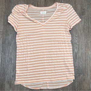 Lou & Grey Striped V-Neck Tee XS Peach Gray Rayon Linen Blend Curved Hem